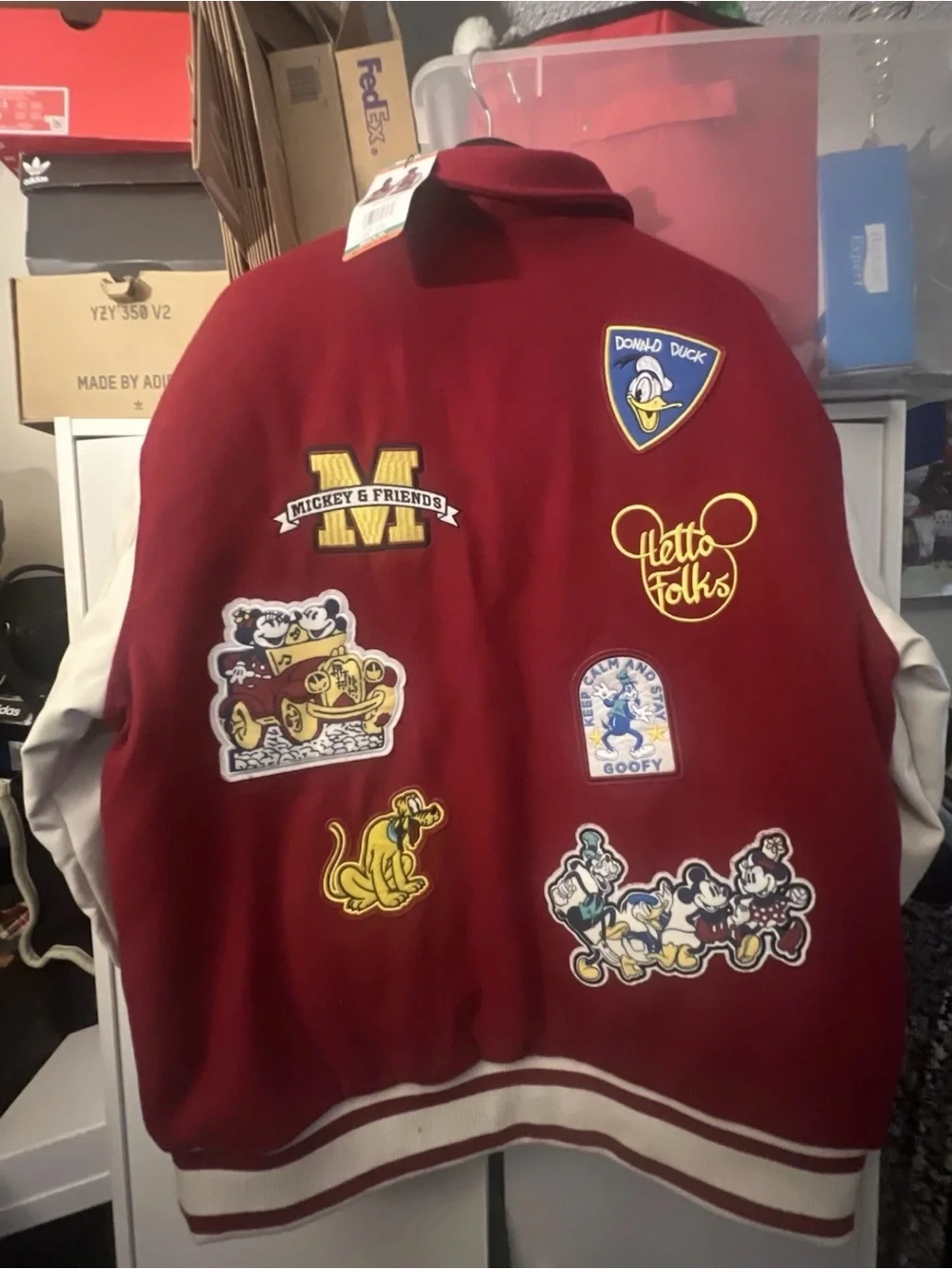 Red and White Varsity Bomber Jacket with Mickey Logo Size Men XLarge/Women XXLar